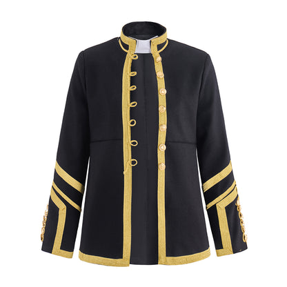 Medieval Military Inspired Black Coat with Gold Trim Button Front Closure Striped Cuffs for Historical Reenactments Medieval Halloween Christmas