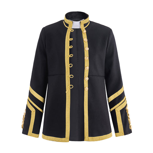 Medieval Military Inspired Black Coat with Gold Trim Button Front Closure Striped Cuffs for Historical Reenactments Medieval Halloween Christmas