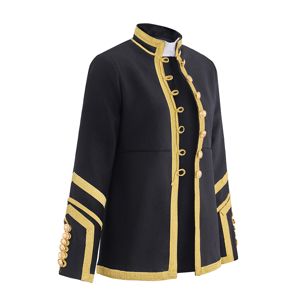 Medieval Military Inspired Black Coat with Gold Trim Button Front Closure Striped Cuffs for Historical Reenactments Medieval Halloween Christmas