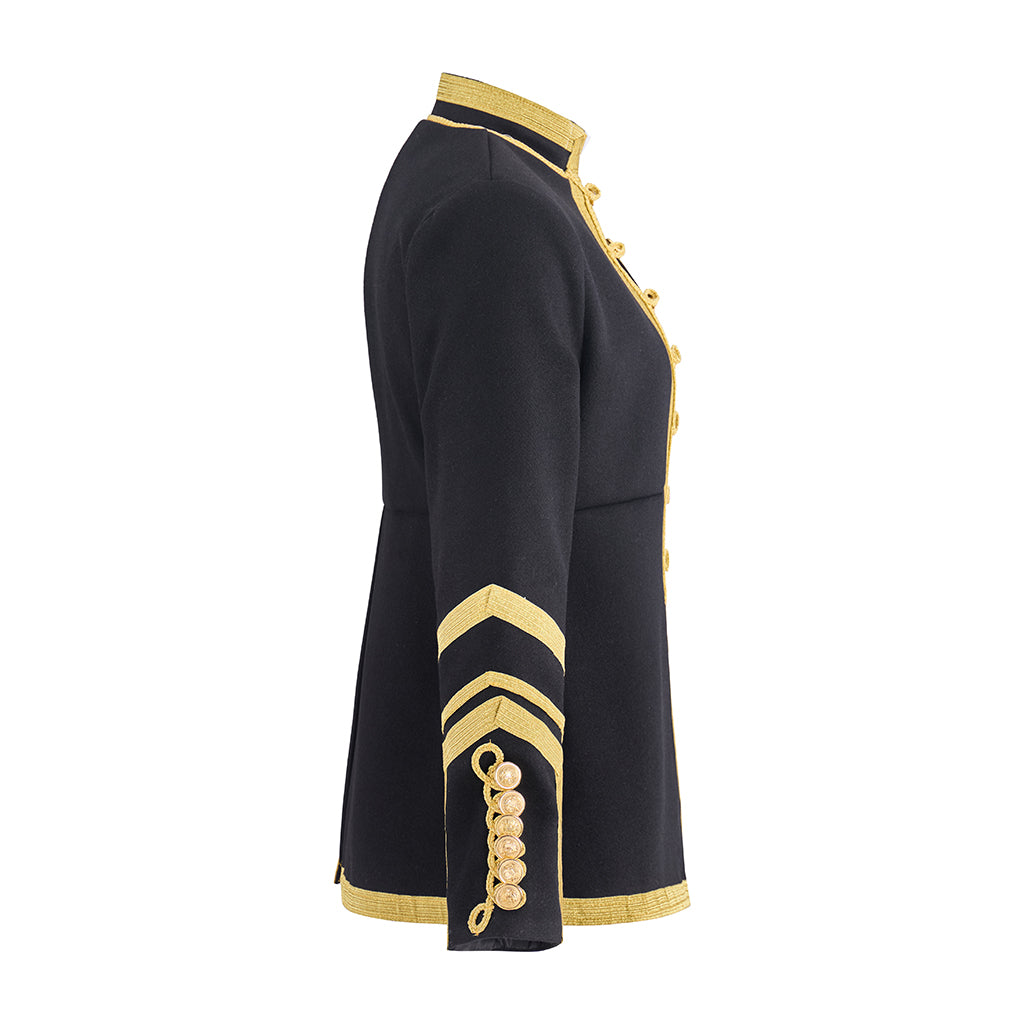 Medieval Military Inspired Black Coat with Gold Trim Button Front Closure Striped Cuffs for Historical Reenactments Medieval Halloween Christmas