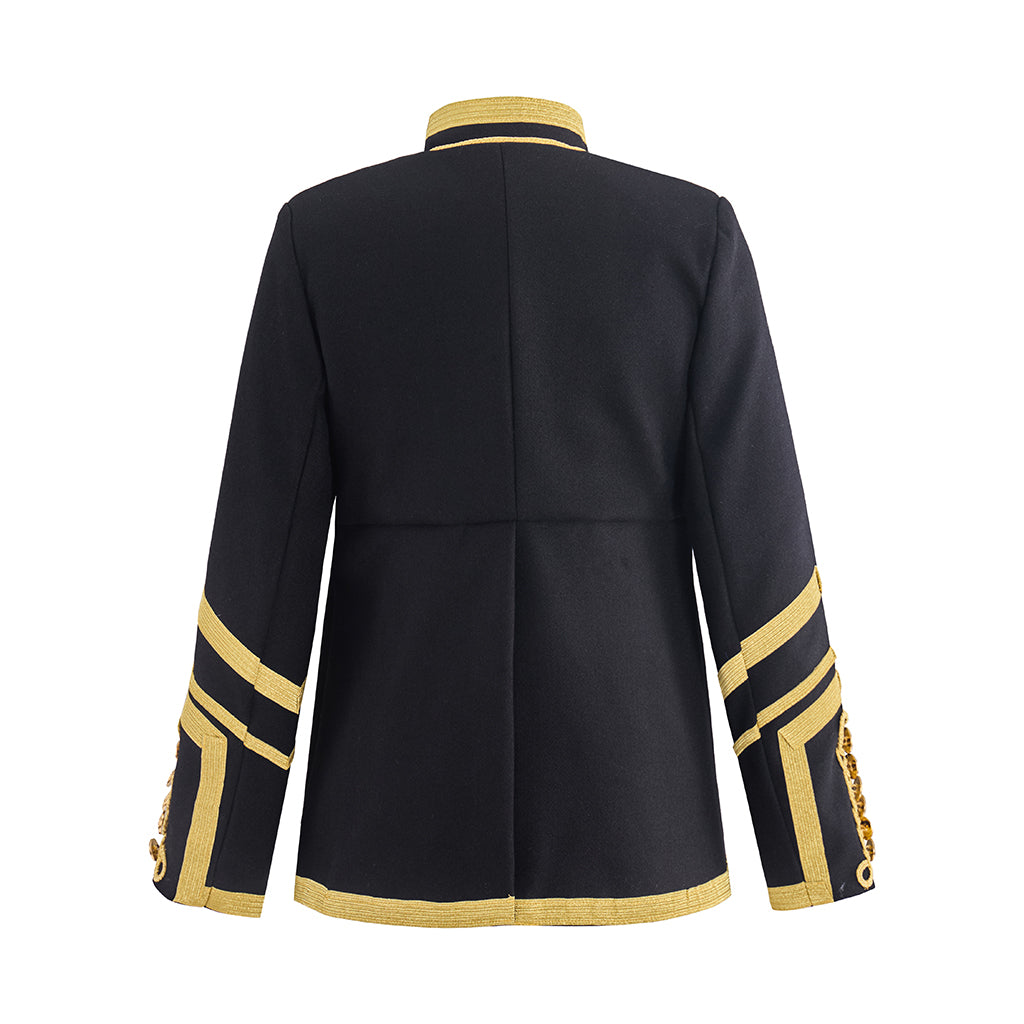 Medieval Military Inspired Black Coat with Gold Trim Button Front Closure Striped Cuffs for Historical Reenactments Medieval Halloween Christmas