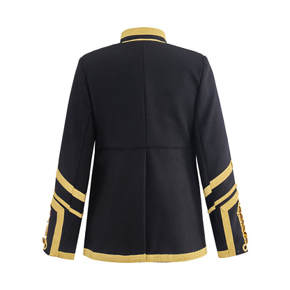 Medieval Military Inspired Black Coat with Gold Trim Button Front Closure Striped Cuffs for Historical Reenactments Medieval Halloween Christmas