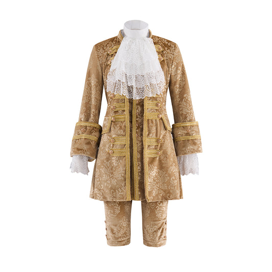 Baroque Style Gold Embroidered Court Ensemble with White Ruffled Jabot Ornate Coat and Breeches for Historical Reenactments Halloween Christmas