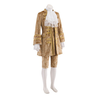 Baroque Style Gold Embroidered Court Ensemble with White Ruffled Jabot Ornate Coat and Breeches for Historical Reenactments Halloween Christmas