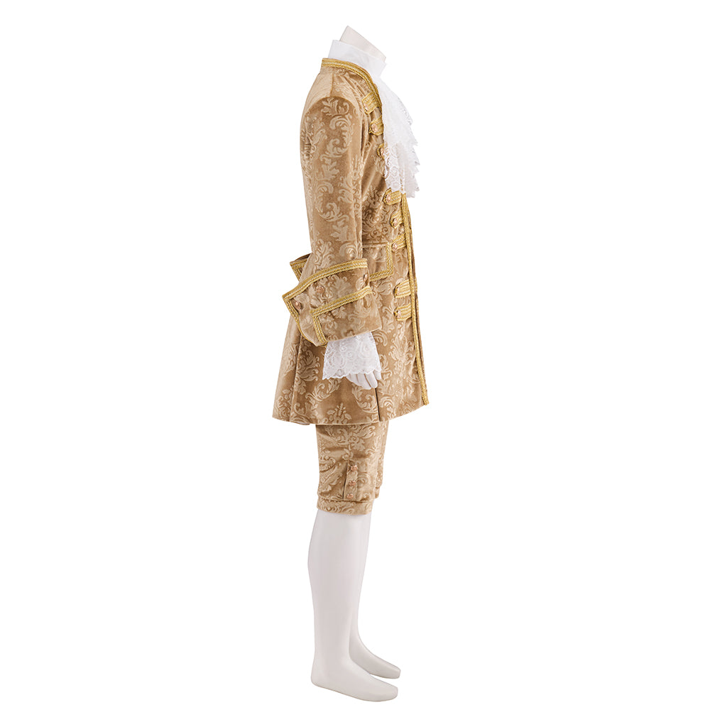 Baroque Style Gold Embroidered Court Ensemble with White Ruffled Jabot Ornate Coat and Breeches for Historical Reenactments Halloween Christmas