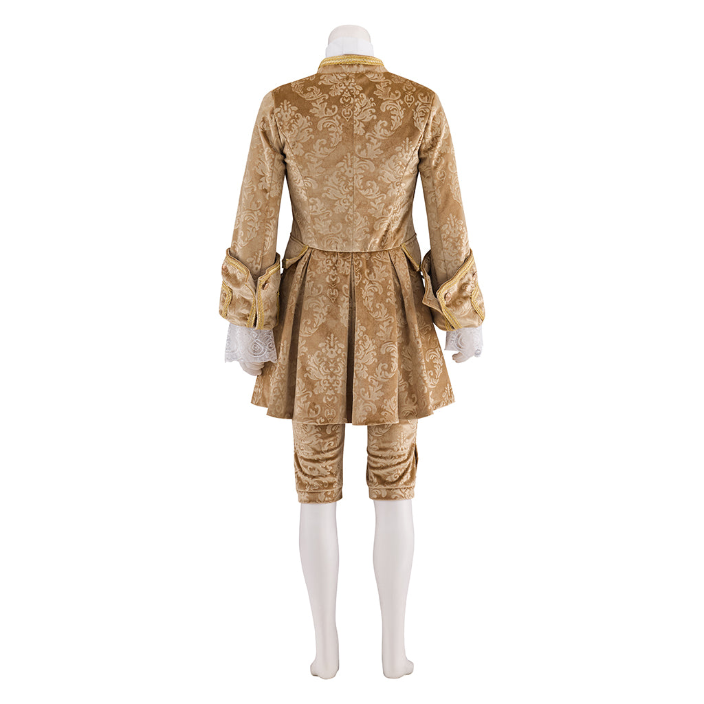 Baroque Style Gold Embroidered Court Ensemble with White Ruffled Jabot Ornate Coat and Breeches for Historical Reenactments Halloween Christmas