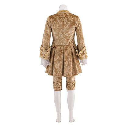 Baroque Style Gold Embroidered Court Ensemble with White Ruffled Jabot Ornate Coat and Breeches for Historical Reenactments Halloween Christmas