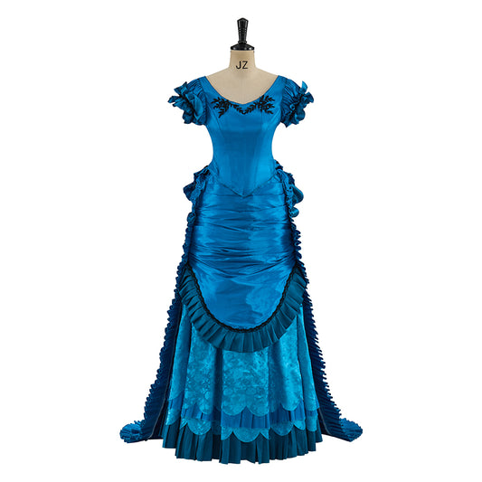 Victorian Style Sapphire Blue Satin Gown with Ruffled Hem Short Sleeves and Fitted Silhouette for Historical Halloween Christmas