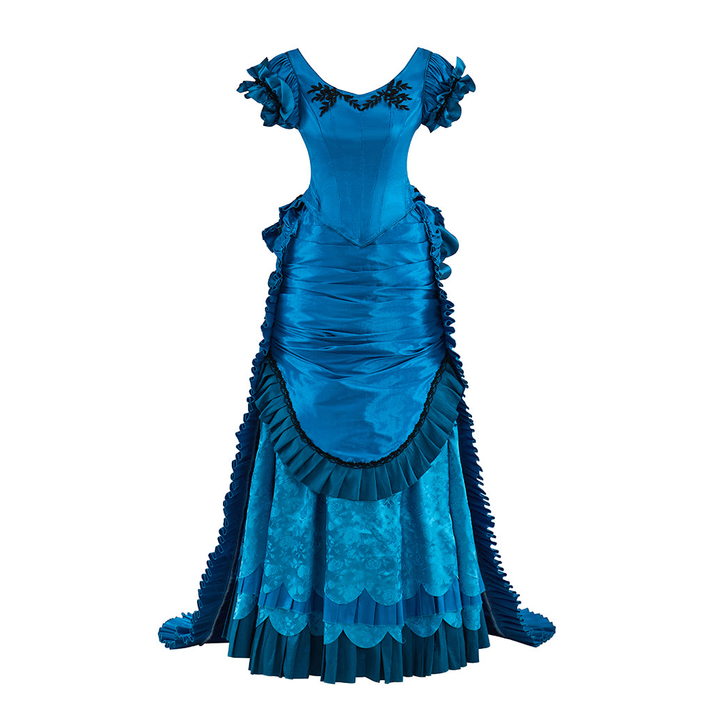 Victorian Style Sapphire Blue Satin Gown with Ruffled Hem Short Sleeves and Fitted Silhouette for Historical Halloween Christmas
