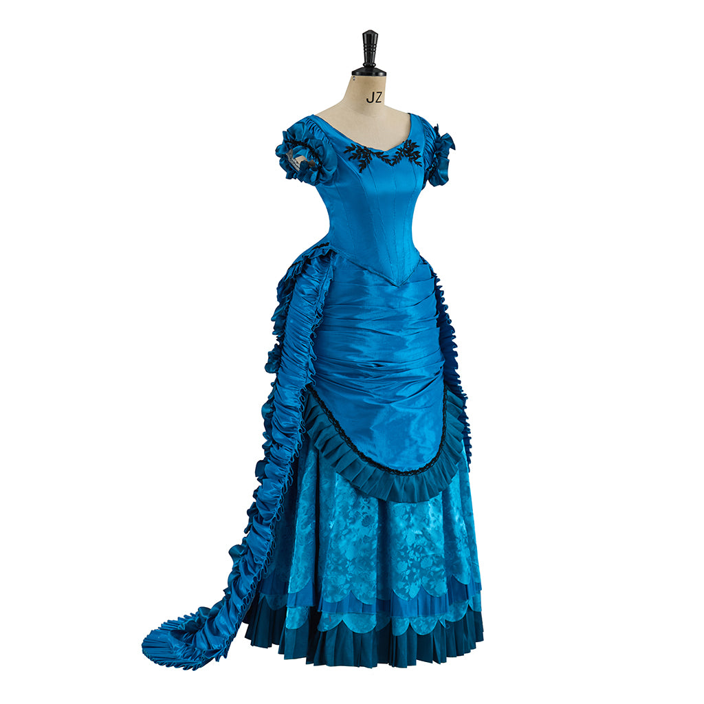 Victorian Style Sapphire Blue Satin Gown with Ruffled Hem Short Sleeves and Fitted Silhouette for Historical Halloween Christmas