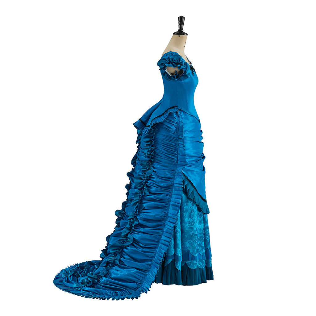 Victorian Style Sapphire Blue Satin Gown with Ruffled Hem Short Sleeves and Fitted Silhouette for Historical Halloween Christmas