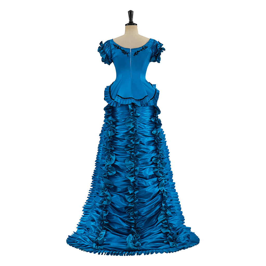 Victorian Style Sapphire Blue Satin Gown with Ruffled Hem Short Sleeves and Fitted Silhouette for Historical Halloween Christmas