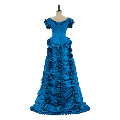 Victorian Style Sapphire Blue Satin Gown with Ruffled Hem Short Sleeves and Fitted Silhouette for Historical Halloween Christmas
