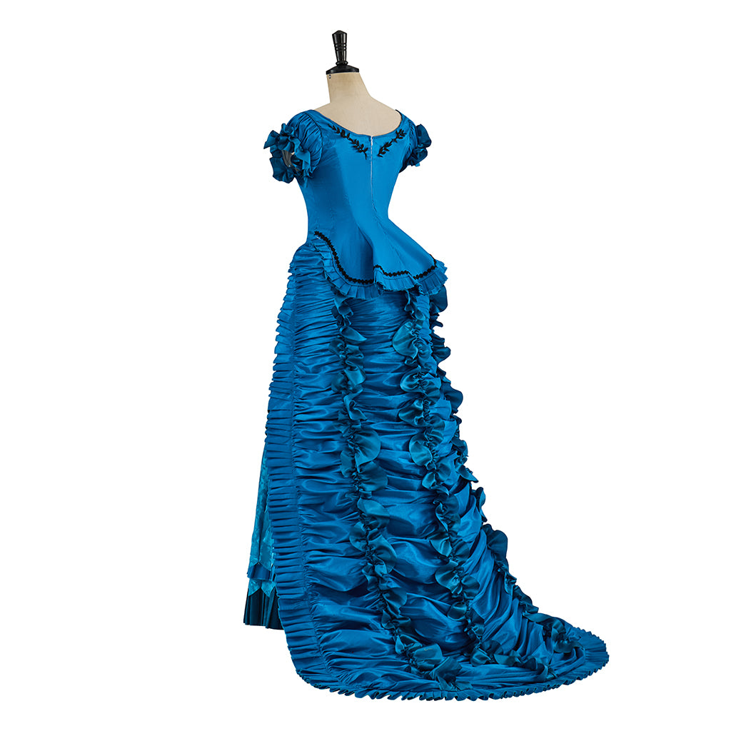 Victorian Style Sapphire Blue Satin Gown with Ruffled Hem Short Sleeves and Fitted Silhouette for Historical Halloween Christmas