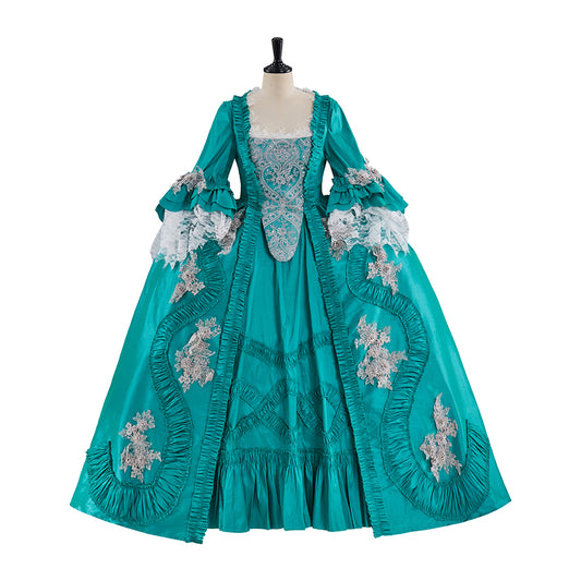 Rococo Style Teal Brocade Gown with Silver Embroidered Motifs Puff Sleeves for Historical Vintage Inspired Events Halloween Christmas