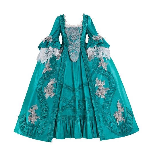 Rococo Style Teal Brocade Gown with Silver Embroidered Motifs Puff Sleeves for Historical Vintage Inspired Events Halloween Christmas