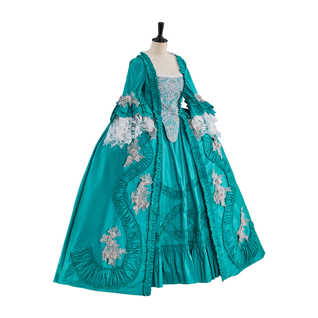 Rococo Style Teal Brocade Gown with Silver Embroidered Motifs Puff Sleeves for Historical Vintage Inspired Events Halloween Christmas