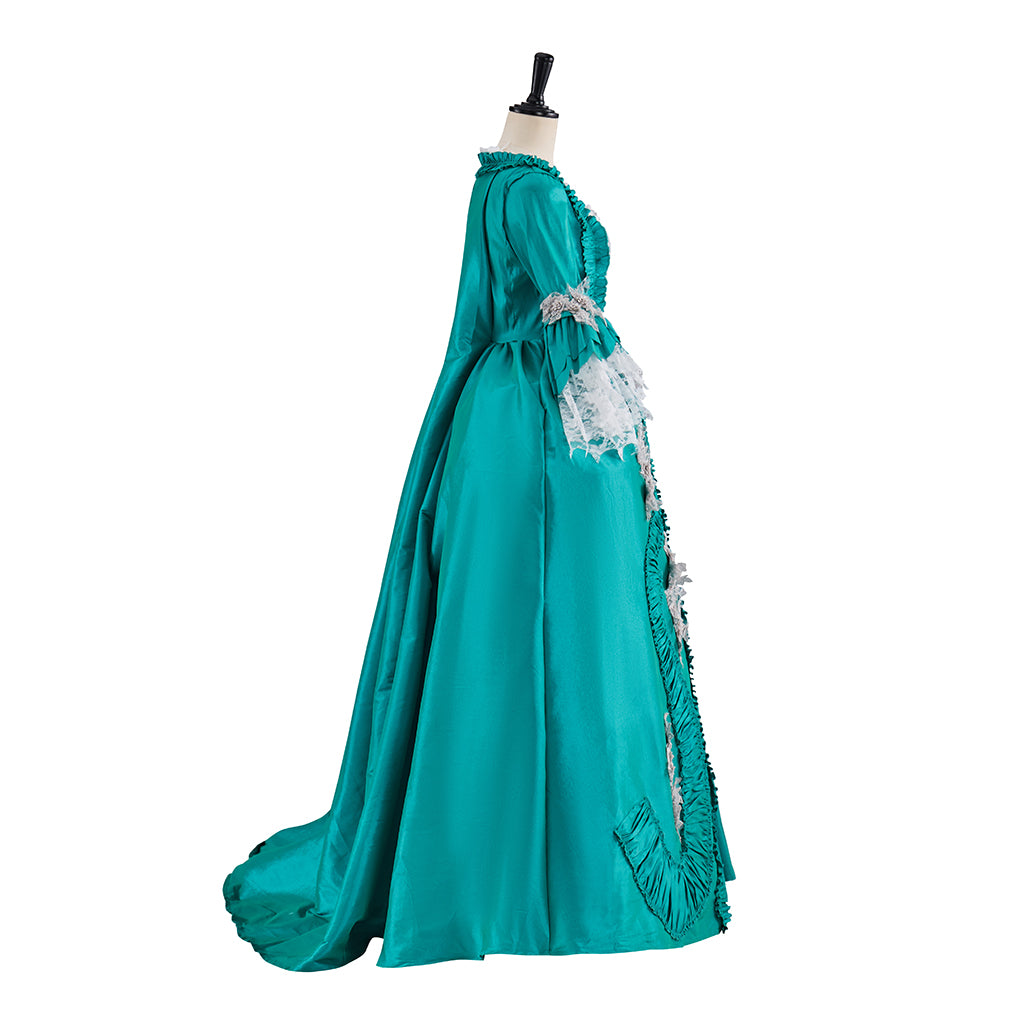 Rococo Style Teal Brocade Gown with Silver Embroidered Motifs Puff Sleeves for Historical Vintage Inspired Events Halloween Christmas