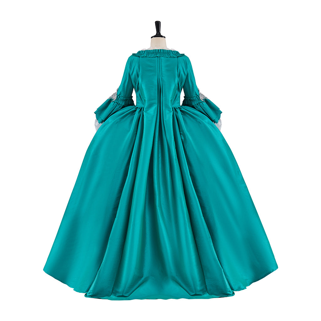 Rococo Style Teal Brocade Gown with Silver Embroidered Motifs Puff Sleeves for Historical Vintage Inspired Events Halloween Christmas
