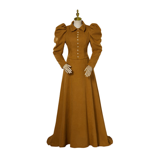 Victorian Style Tawny Brown Gown with Puff Sleeves for Historical Reenactments Cosplay Events Victorian Themed Gatherings Halloween Christmas