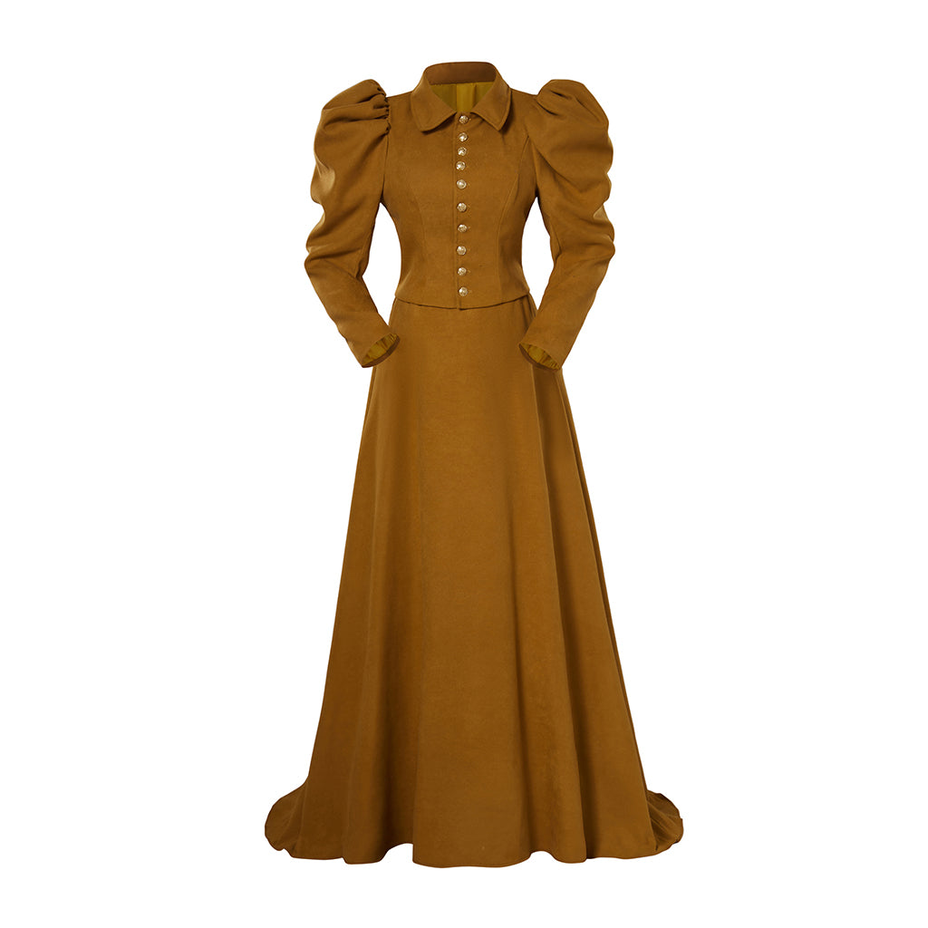 Victorian Style Tawny Brown Gown with Puff Sleeves for Historical Reenactments Cosplay Events Victorian Themed Gatherings Halloween Christmas