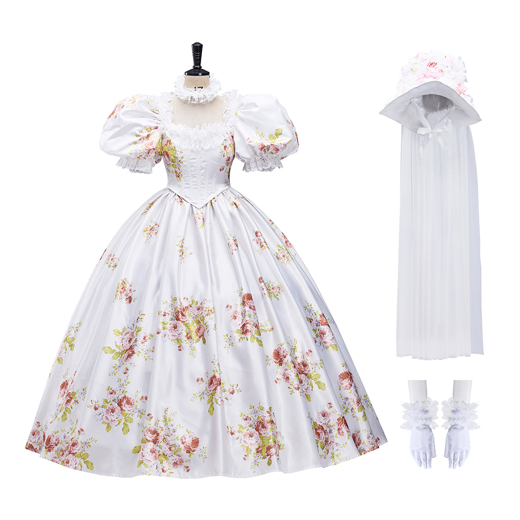 Rococo Style White Floral Print Gown with Puff Sleeves Matching Headpiece  for Historical Reenactments Halloween Christmas