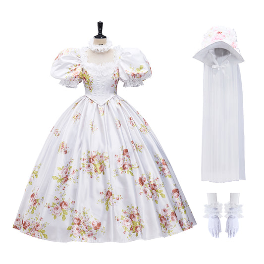 Rococo Style White Floral Print Gown with Puff Sleeves Matching Headpiece  for Historical Reenactments Halloween Christmas