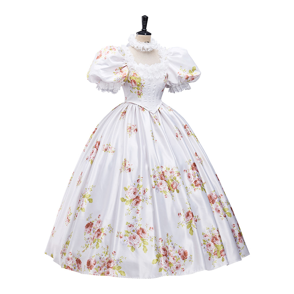 Rococo Style White Floral Print Gown with Puff Sleeves Matching Headpiece  for Historical Reenactments Halloween Christmas