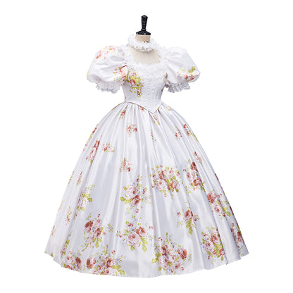 Rococo Style White Floral Print Gown with Puff Sleeves Matching Headpiece  for Historical Reenactments Halloween Christmas