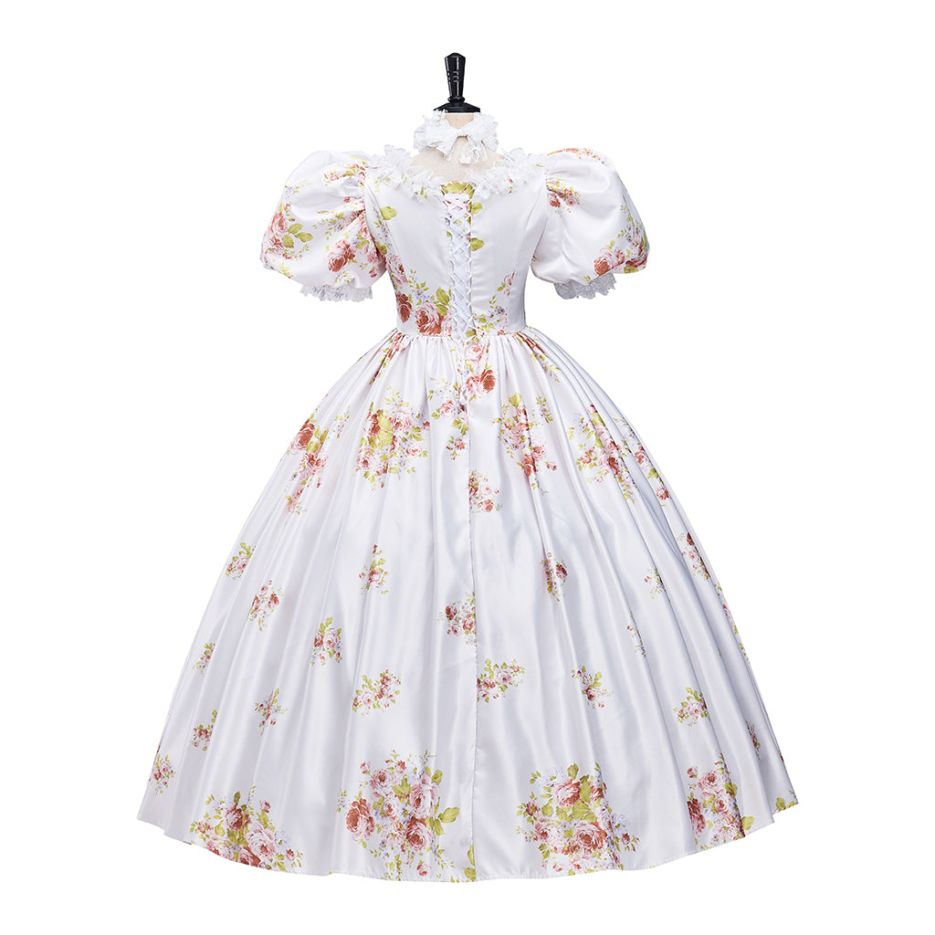 Rococo Style White Floral Print Gown with Puff Sleeves Matching Headpiece  for Historical Reenactments Halloween Christmas