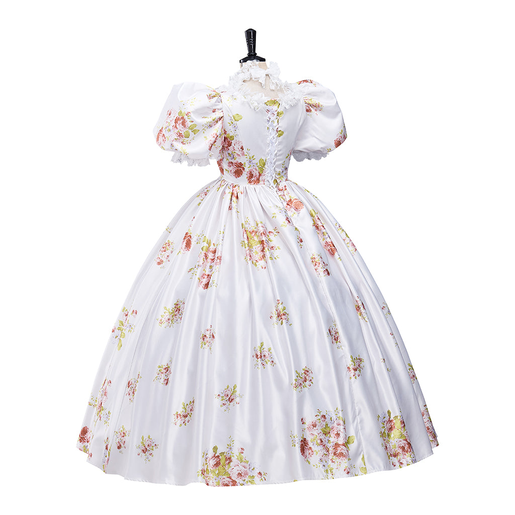 Rococo Style White Floral Print Gown with Puff Sleeves Matching Headpiece  for Historical Reenactments Halloween Christmas