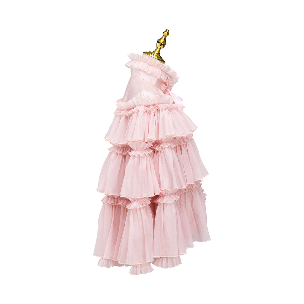 Rococo Style Blush Pink Tiered Ruffled Tulle Cloak with Bow Accent for Historical Reenactments Theatrical Performances Halloween and Christmas