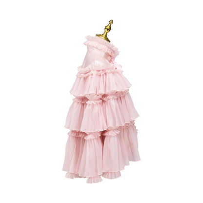 Rococo Style Blush Pink Tiered Ruffled Tulle Cloak with Bow Accent for Historical Reenactments Theatrical Performances Halloween and Christmas