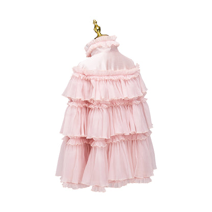 Rococo Style Blush Pink Tiered Ruffled Tulle Cloak with Bow Accent for Historical Reenactments Theatrical Performances Halloween and Christmas