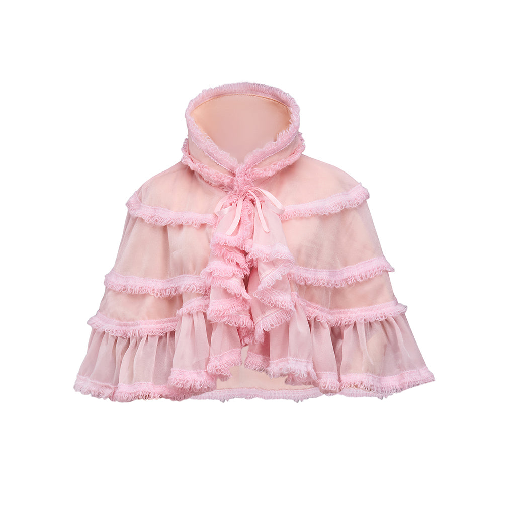 Rococo Style Blush Pink Tiered Ruffled Tulle Cloak with Bow Accent for Historical Reenactments Theatrical Halloween and Christmas Celebrations