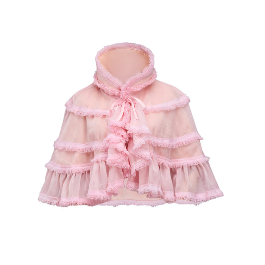 Rococo Style Blush Pink Tiered Ruffled Tulle Cloak with Bow Accent for Historical Reenactments Theatrical Halloween and Christmas Celebrations