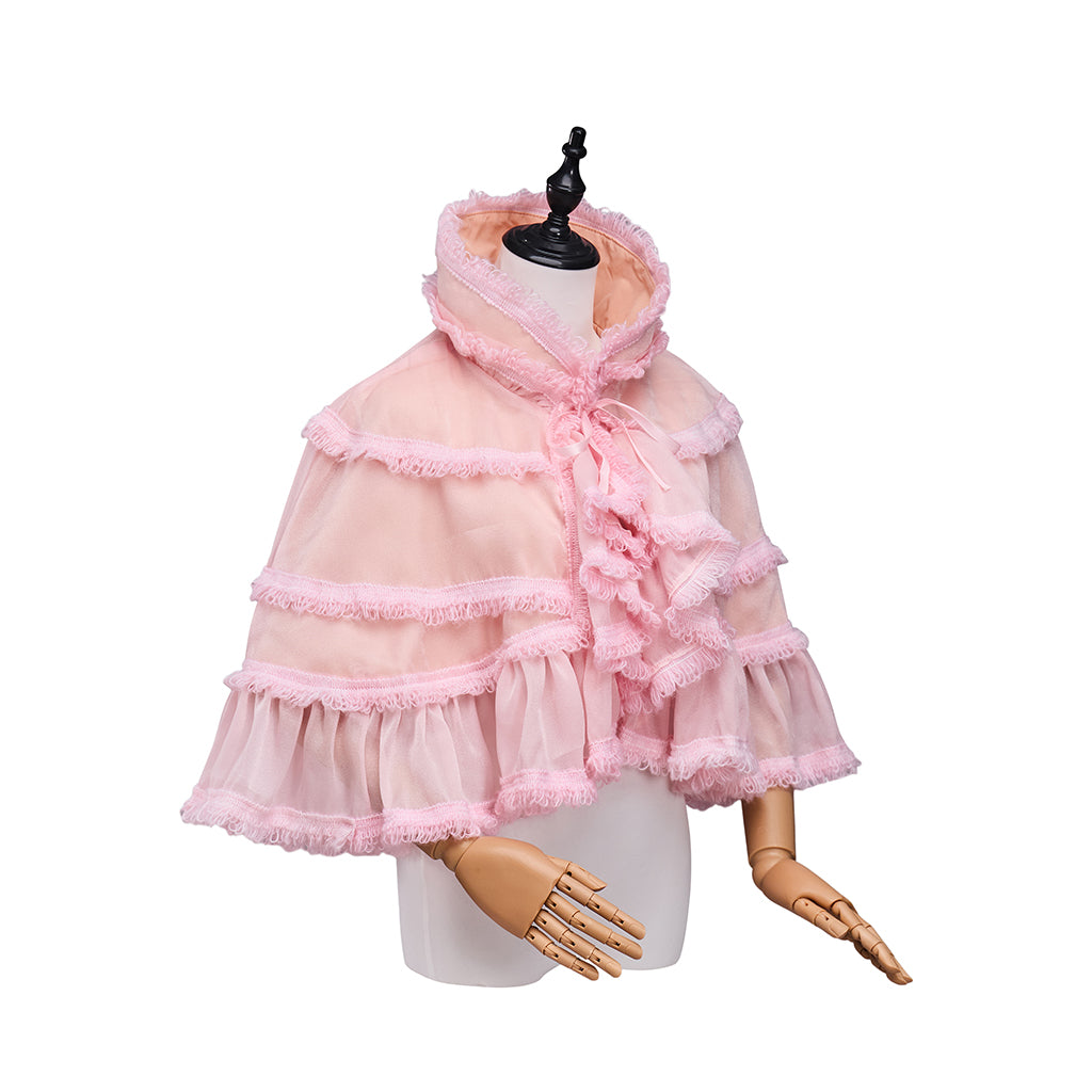 Rococo Style Blush Pink Tiered Ruffled Tulle Cloak with Bow Accent for Historical Reenactments Theatrical Halloween and Christmas Celebrations