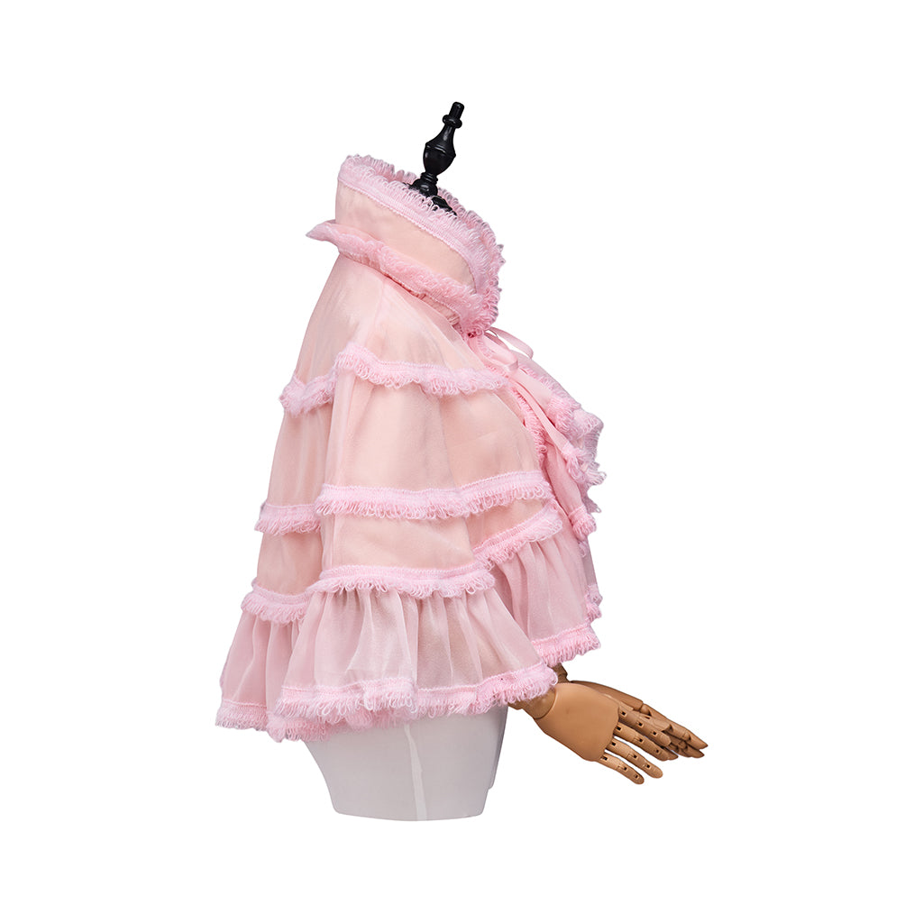 Rococo Style Blush Pink Tiered Ruffled Tulle Cloak with Bow Accent for Historical Reenactments Theatrical Halloween and Christmas Celebrations