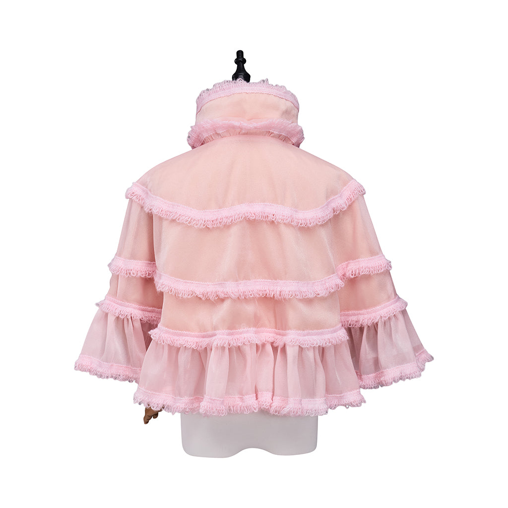 Rococo Style Blush Pink Tiered Ruffled Tulle Cloak with Bow Accent for Historical Reenactments Theatrical Halloween and Christmas Celebrations