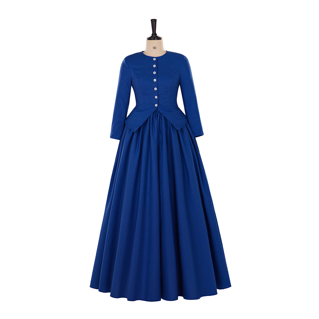 Medieval Style Royal Blue Gown with Long Sleeves Buttoned Back Fitted Waist and Full Skirt for Historical Reenactments  Halloween or Christmas