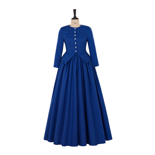 Medieval Style Royal Blue Gown with Long Sleeves Buttoned Back Fitted Waist and Full Skirt for Historical Reenactments  Halloween or Christmas