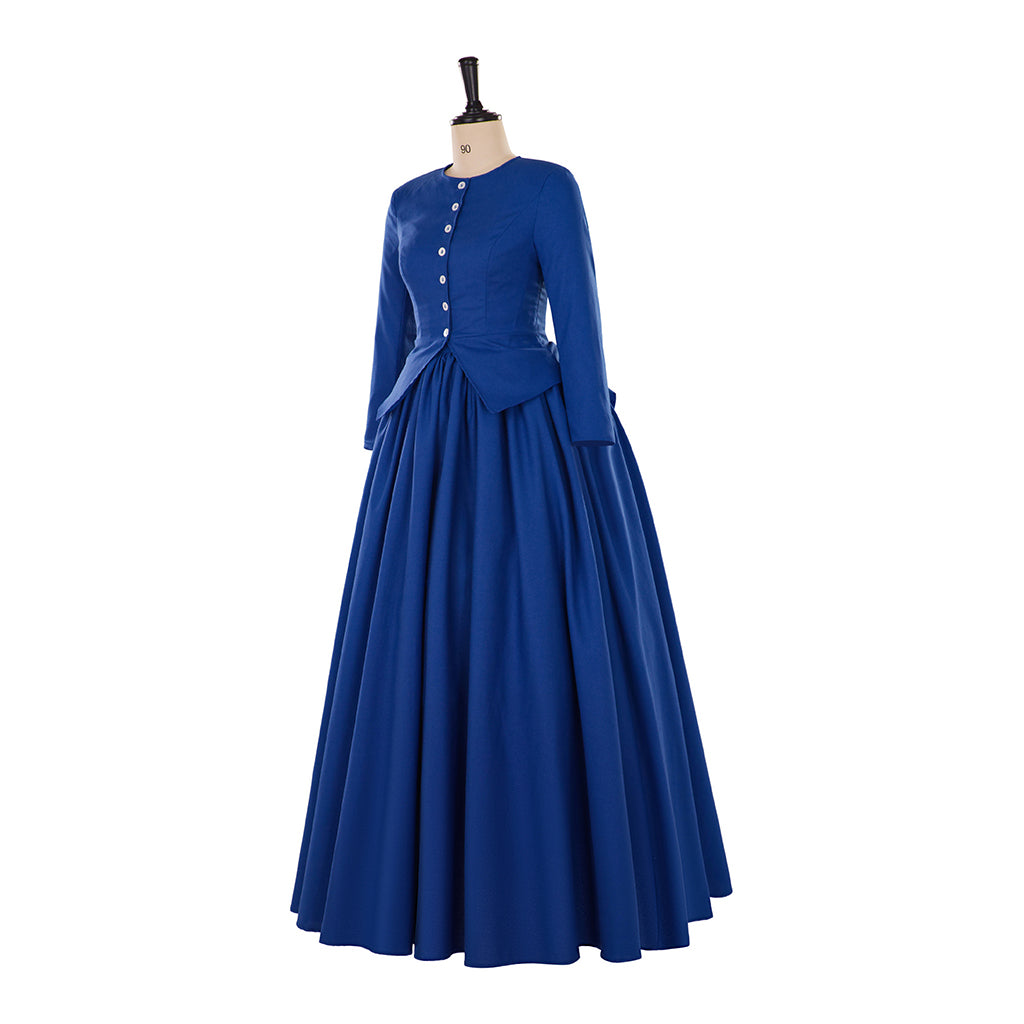 Medieval Style Royal Blue Gown with Long Sleeves Buttoned Back Fitted Waist and Full Skirt for Historical Reenactments  Halloween or Christmas