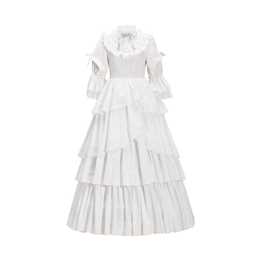 Regency Style White Long Sleeved Tiered Ruffled Empire Waist Gown for Historical Reenactments Theatrical Halloween Celebrations