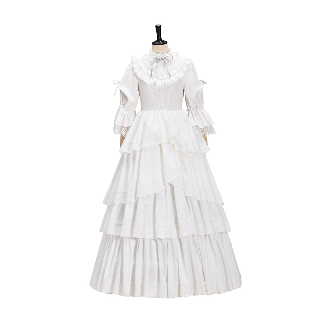 Regency Style White Long Sleeved Tiered Ruffled Empire Waist Gown for Historical Reenactments Theatrical Halloween Celebrations