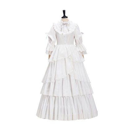 Regency Style White Long Sleeved Tiered Ruffled Empire Waist Gown for Historical Reenactments Theatrical Halloween Celebrations