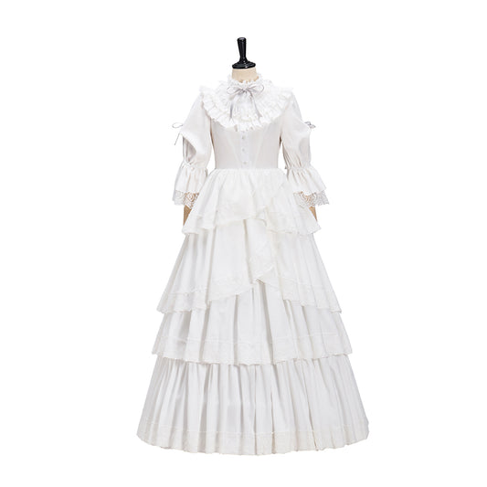 Regency Style White Long Sleeved Tiered Ruffled Empire Waist Gown for Historical Reenactments Theatrical Halloween Celebrations