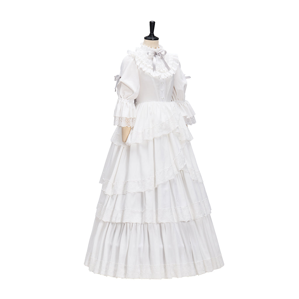 Regency Style White Long Sleeved Tiered Ruffled Empire Waist Gown for Historical Reenactments Theatrical Halloween Celebrations
