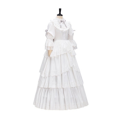 Regency Style White Long Sleeved Tiered Ruffled Empire Waist Gown for Historical Reenactments Theatrical Halloween Celebrations
