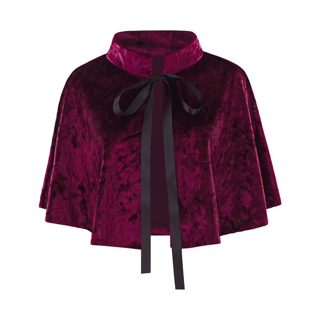 Medieval Style Deep Magenta Velvet Capelet with Black Bow Neckline for Historical Reenactments Cosplay Events Medieval Halloween Christmas