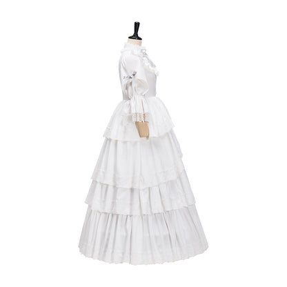Regency Style White Long Sleeved Tiered Ruffled Empire Waist Gown for Historical Reenactments Theatrical Halloween Celebrations